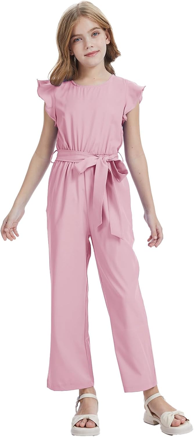 Girls Casual Jumpsuit Kids Fashion Cap Sleeve Belted Wide Leg Romper One Piece Outfits with Pockets - Image 2