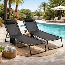 Folding Chaise Lounge Outdoor of 1, Tanning Chair, Patio Lounge Chair with 4 Position Reclining Back and Pocket, Breathable Mesh Seat for Beach, Poolside, Black