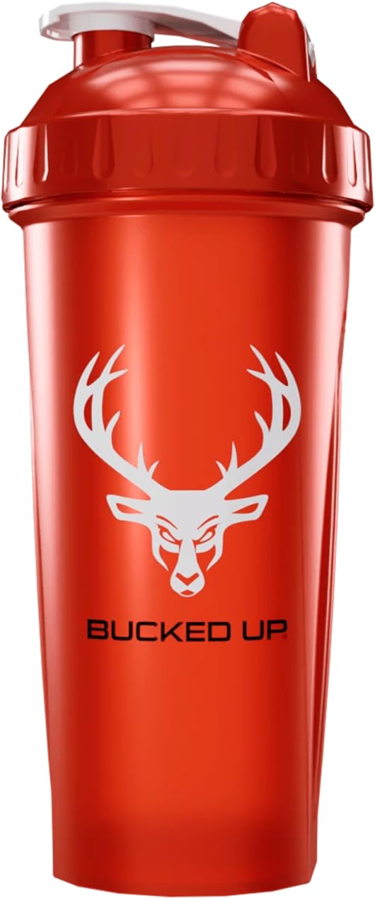 Bucked Up Perfect Shaker Bottle, 28oz, BPA-Free, Dishwasher Safe, Leak-Proof, Red Bottle with White Buck Logo