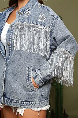Oversized Denim Jacket For Women Embellished Stars Rhinestone Tassel Casual Jean Jacket Coat #TOP3