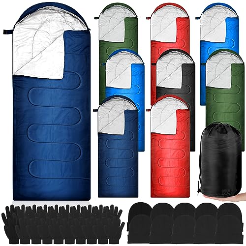 Tranqun 30 Pcs Bulk Sleeping Bags for Homeless Adults, Cold Weather Camping Sleeping Bag Liner with Winter Beanies and Gloves, Waterproof Lightweight for Backpacking Emergency Supplies(Colorful)