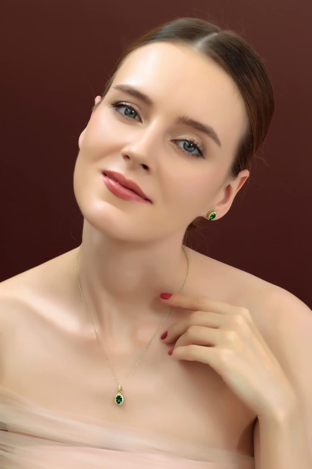 B. BRILLIANT Yellow Gold Flashed Sterling Silver Genuine, Created or Simulated Gemstone & CZ Oval Halo Necklace & Stud Earrings Jewelry Set for Women Bridesmaids with Gift Box - Image 3