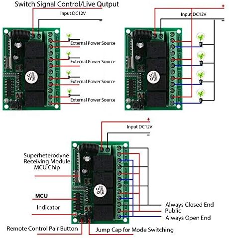 Wiring diagrams for the Zerone KG1204-A receiver in different configurations