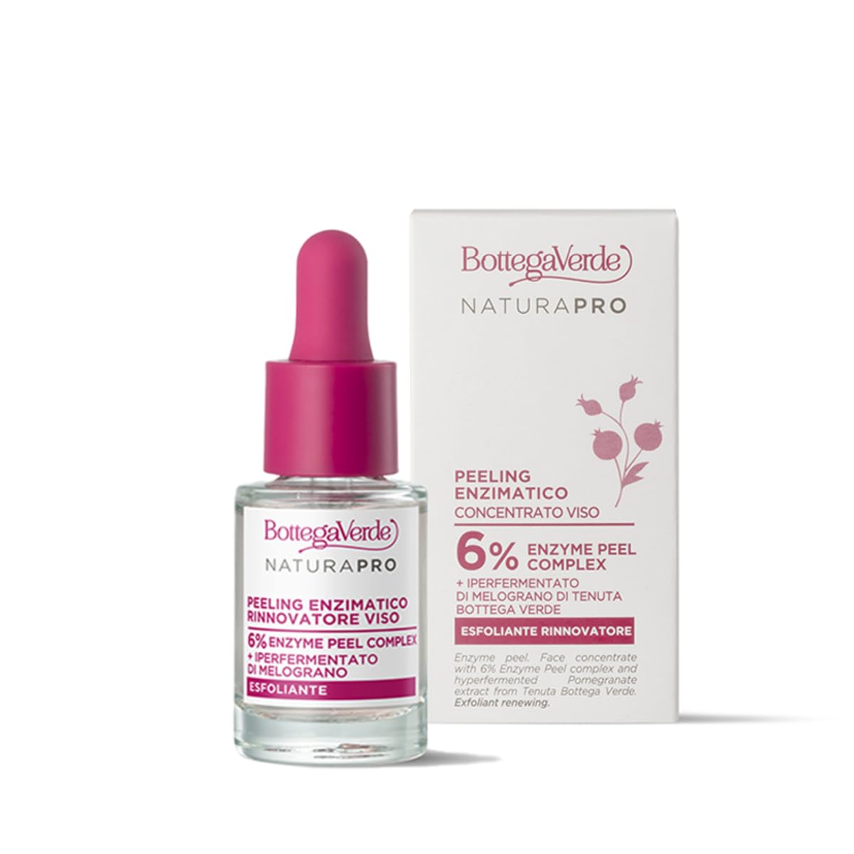 Bottega Verde - Siero Peeling Enzimatico Rinnovatore Viso, 15 ml, con 6% Enzyme Complex e Iperfermentato di Melograno, Illumina ed Esfolia Delicatamente, Tutti i Tipi di Pelle, Escluse le Sensibili