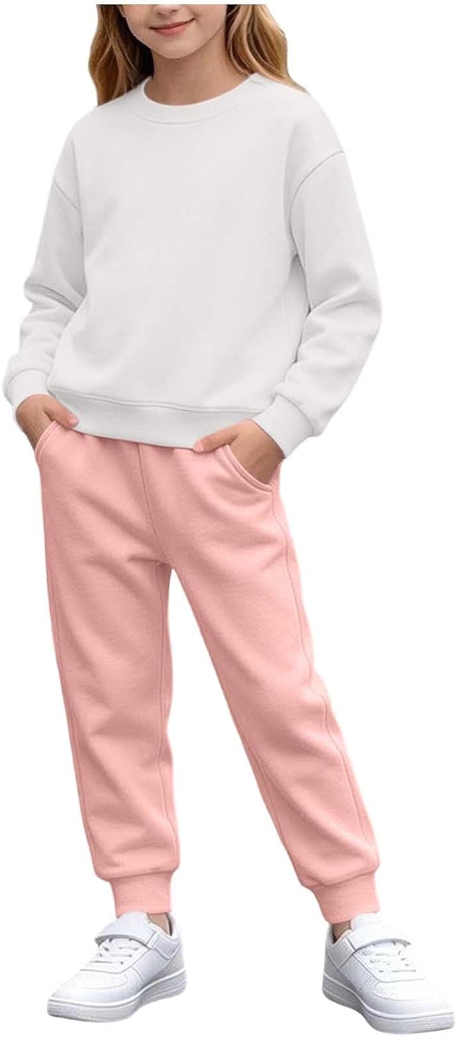 Kids Girls Fleece Lined Sweatsuit Crewneck Jogger Set Winter Warm