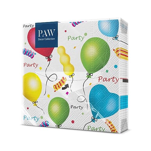 PAW - Servietten 3-lagig (33 x 33 cm) I 20 Stück I Perfekt für Geburtstage, Partys, Hochzeiten, Kommunion und Feiern I Papierservietten Bunt - Luftballons, Herz I Party