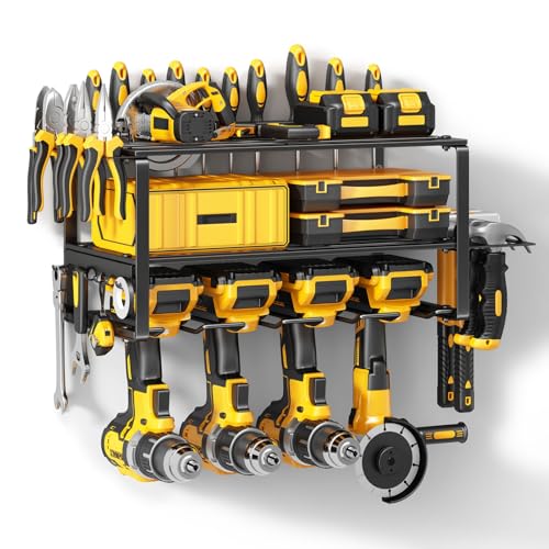 Power Tool Organizer Wall Mount - 150Lbs Load 3 Layers Storage Rack with 4 Drill Holders for Drills Cordless Tools. Heavy Duty Iron Garage Tool Organizer Storage for Workshop Shed Pegboard Basement