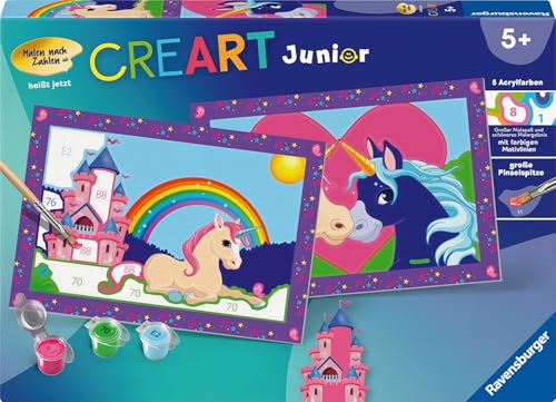 Ravensburger CreArt 27774 - Bunte Einhornwelt - Malen nach Zahlen Einhörner für Kinder ab 5 Jahre, Malset mit Rahmen, Pinsel und Acrylfarben, Geschenk für Mädchen und Jungen