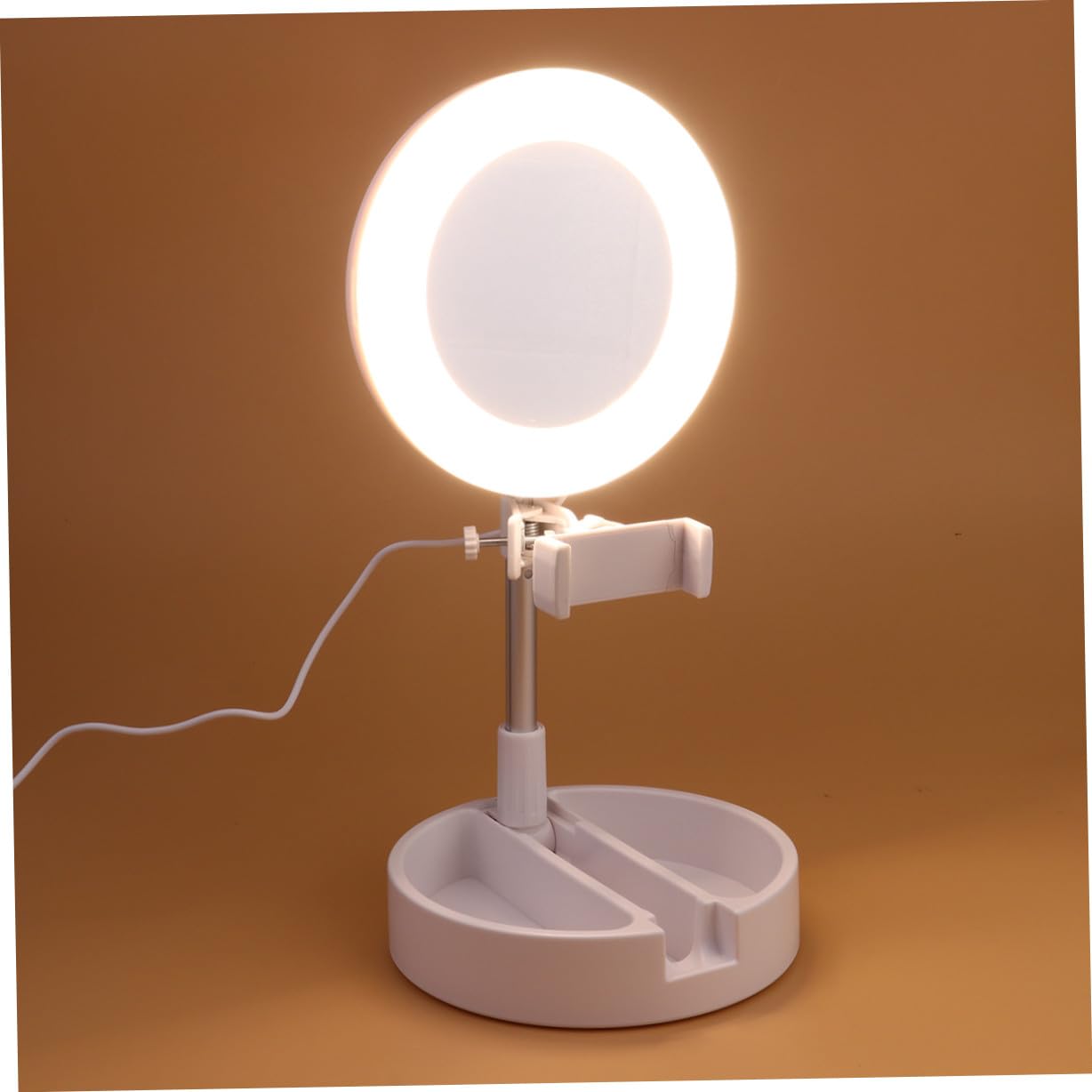Luce ad Anello per Selfie LED Lampada per Trucco Regolabile Luce da Tavolo Multifunzionale con Supporto per Cellulare per Fotografia e Video Bianco