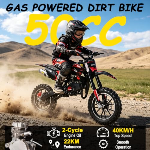 Image of 2026 New 50cc Dirt Bike for Kids 2-Stroke, Toddler Gas Powered Mini Bike with Front Rear Disc Brakes, Speeds up to 40KM /H, Gas Motorcycle for Children, Ideal Gifts for Boys Girls, Blue (Red)