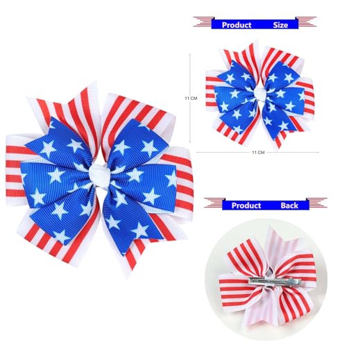 Nishine Grampos de cabelo para meninas de 4 de julho com laço patriótico bandeira americana estrelas