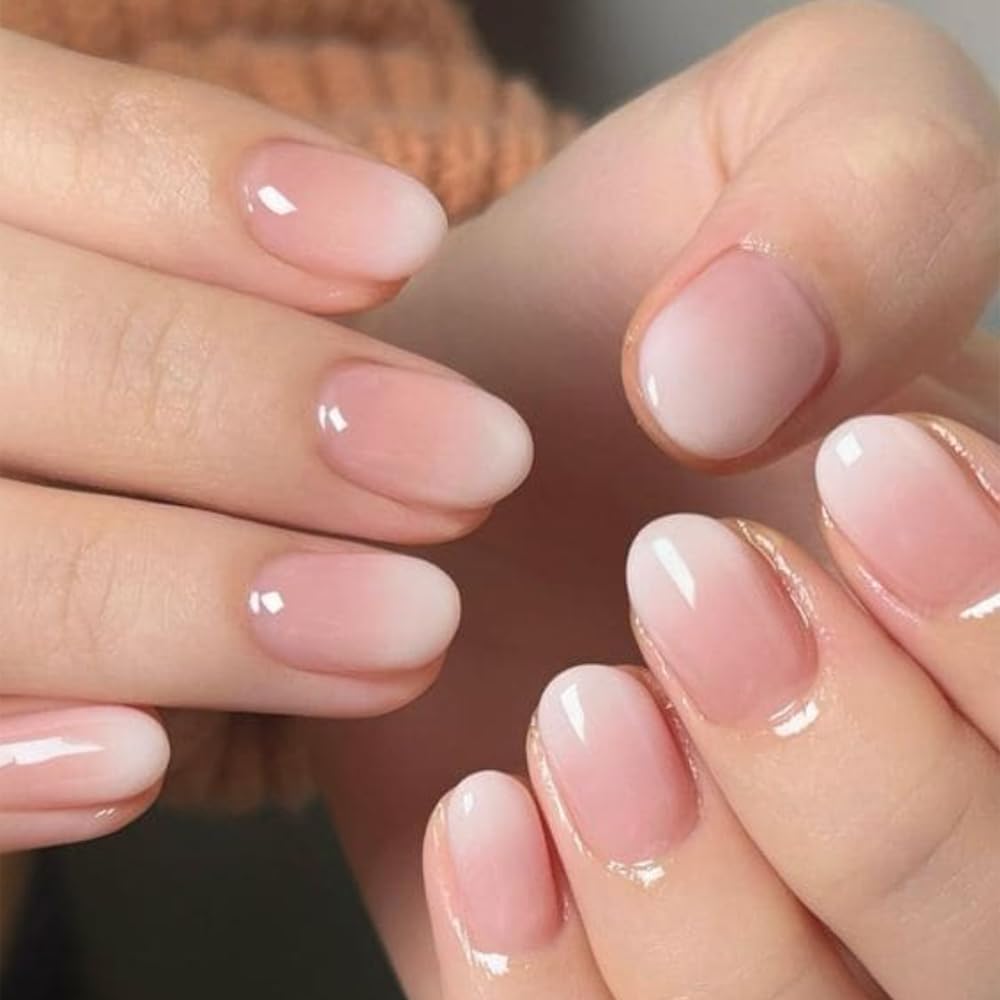 SXVME Ombre French False Nails Short Oval, Gradient Pink Full Cover Fake Nails Almond - Image 3
