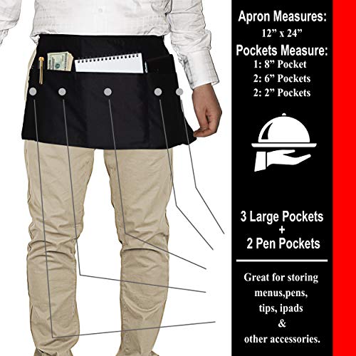 PERLLI Waist Apron with Pockets 3 Pack Half Server Aprons for Men Women, 12 Inch Black Apron 3 Pockets Poly Cotton Apron - Thumbnail 3