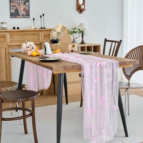 Beydodo Camino de mesa de exterior para bodas, color rosa, 150 x 220 cm, camino de mesa lavable, encaje bordado con mariposas, decoración de mesa, cumpleaños, fiesta, mesa de centro