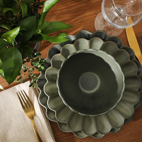Image of Gibson Elite Bistro Fleur Plates and Bowls Sets, 12-Piece Stoneware Dinnerware Set for 4, Matte Green Scalloped Dish Set with Dinner Plates, Salad Plates & Bowls