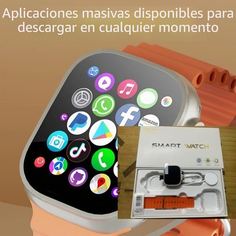 Image showing the smartwatch display filled with various app icons like WhatsApp, Facebook, Amazon, TikTok, and more, indicating app download capability.