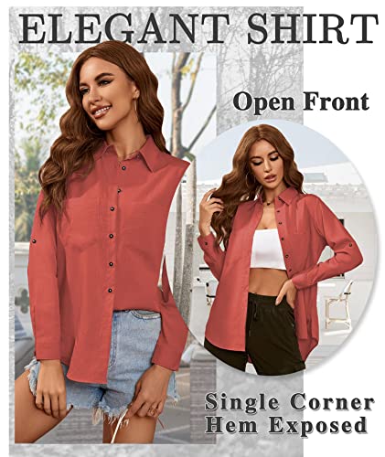 Deer Lady Womens Button Down Shirts Roll Up Long Sleeve Casual Blouse Shirts Tops Brick Red XL
