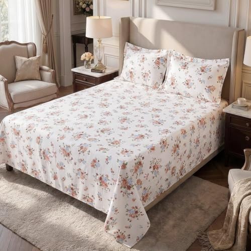 Image of Home Elegance from House of Mytrident | Linen Feel Bed Sheet for Double Bed King Size with Two Pillow Covers | Ultrasoft | Floral 274cm x 250cm | myTrident - Luna Brown