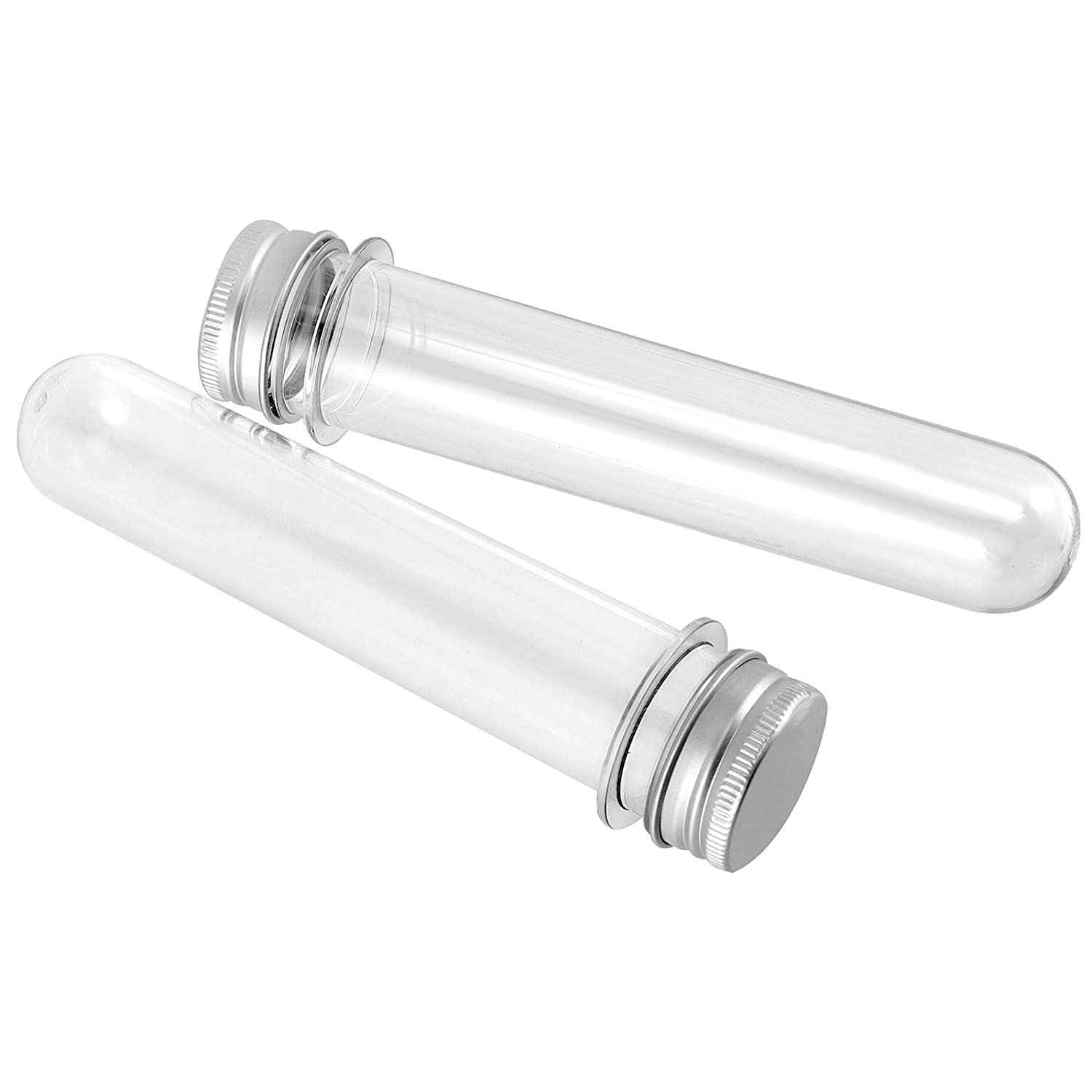 HAKZEON 75 tubos de ensayo de plástico de 40 ml con tapas, tubos de ensayo transparentes de 140 x 25 mm con hojas de protección de sello para experimentos científicos, recipiente de sal de caramelos