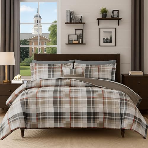 Image of MaiReve Plaid Queen Comforter Sets Khaki, Classic Farmhouse Bedding Set Bed in A Bag 7 Pieces, Lightweight All Season Comforter Set with Fitted & Flat Sheet, Pillowcases & Shams