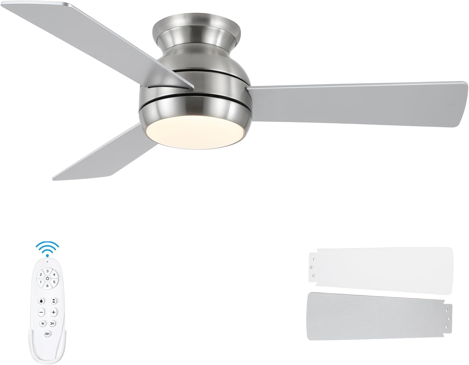 42 Inch Ceiling Fans with Lights and Remote Control, Brushed Nickel Low Profile with Light, Flush Mount, Reversible, 6 Speed, Adjustable 3CCT, Indoor Use and