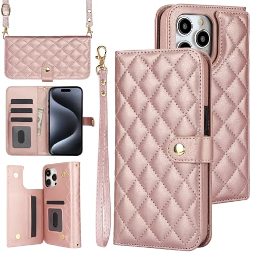 Étui portefeuille iPhone 14 Pro Max or rose avec 5 fentes cartes et blocage RFID