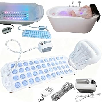 200w Portable Spa Bubble Bath Mat with Pillow and Remote Control, Electric Air Pump, 8 Ambient Light Modes, 6 Intensity Levels, Anti-Slip Suction Cup43 * 14in