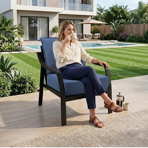 Image of 6 inch Thick Outdoor Chair Cushions, 24 x24 Inch Patio Furniture Cushions Set of 2 with Water Resistant & Removable Cover, UV Resistant, 30D High Density Sponge Patio Cushion, Blue