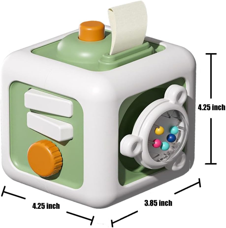 Image of 6 in 1 Sensory Busy Activity Cube for Toddlers - Montessori Toys with with Simulated Switches, Steering Wheel, Drawer, and Fun Rotating Features - 1-3 Year Old Baby Boys and Girls