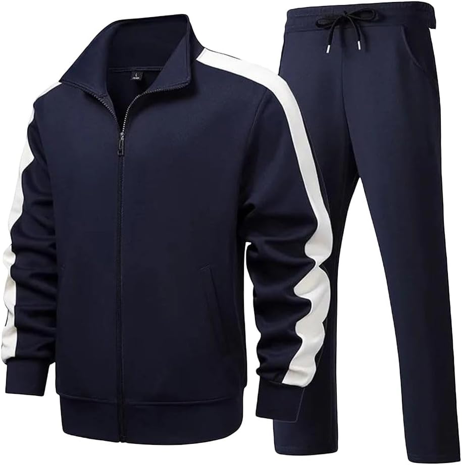 Men's Spring Striped Tracksuit 2 Piece Set Long Sleeve Top Sweatpants with Zip Pockets for Running Jogging Fitness