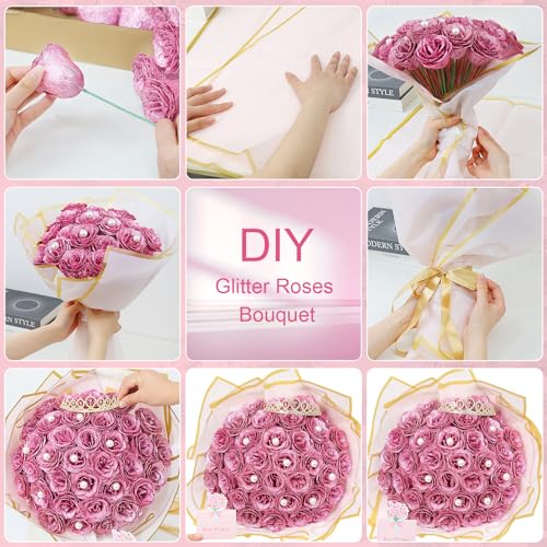 Artificial Glitter Roses Bouquet Pink Flower- 36 Pack DIY Glitter Eternal Bouquet Fake Shiny Floral Bouquet for Engagement Wedding Anniversary Birthday Mother\'s Day Gifts - Thumbnail 3