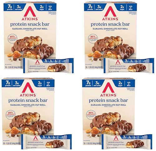 Atkins Caramel Chocolate Nut Roll Bar, Protein Snack, 7g Protein, 2g Sugar, High Fiber Snack, 16 Count, (Pack of 4)