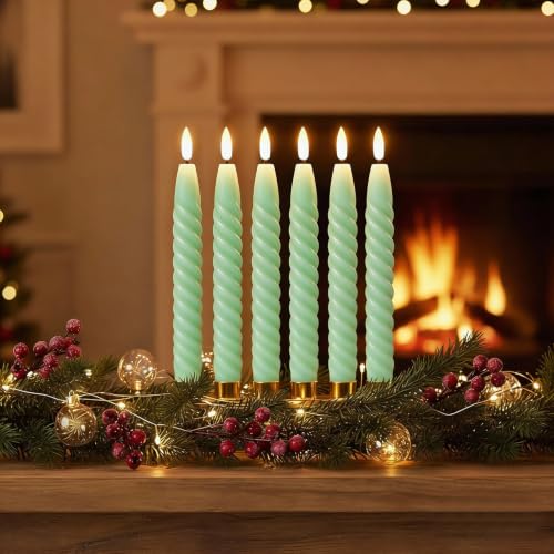 Image of Green Flameless Taper Candles Flickering with Remote Timer