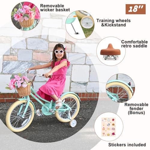 Image of Glerc Little Molly 12-20 Inch Kids Retro Cruiser Bike for 2-13 Year Old with Wicker Basket & Training Wheels /Kickstand, Multiple Colors