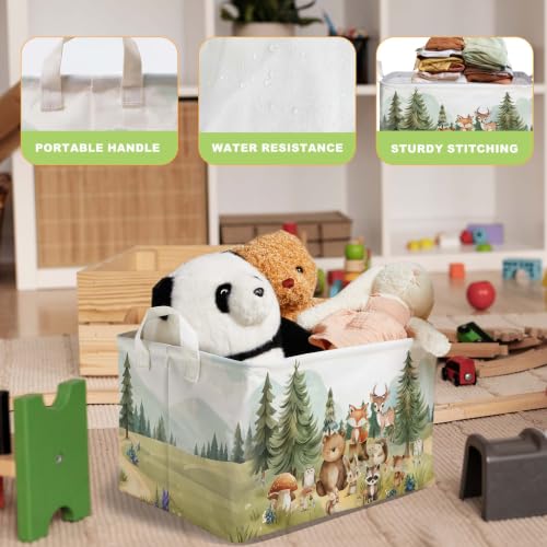Image of Cute Animals Storage Baskets, Woodland Nursery Decor, Woodland Baby Shower Decorations, Large Squarecanvas Laundry Hamper With A Waterproof PECoating, Foldable Kids Toy Clothes Bins for Bedroom