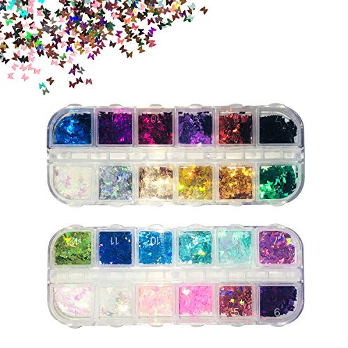 icanstand 24 Colors Holographic 3D Butterfly Nail Glitter, Sparkly Nail Sequins Acrylic Manicure Paillettes for Nail Art Decoration & DIY Crafting (2 Boxes)