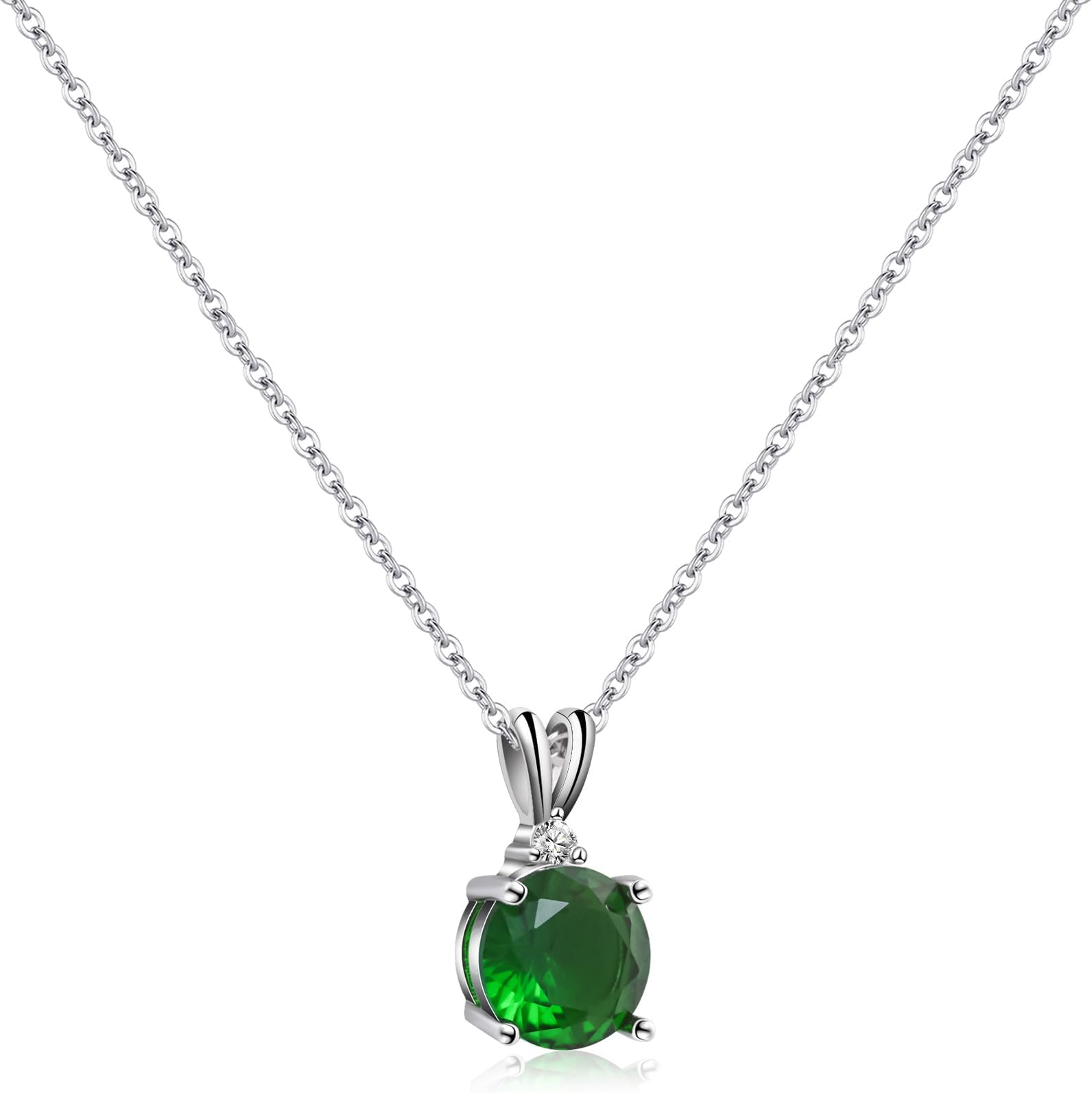 Sterling Silver Round Necklace Birthstone Gemstone Pendant Necklace for Women Classic Birthstone Necklace for Christmas Valentine's Day