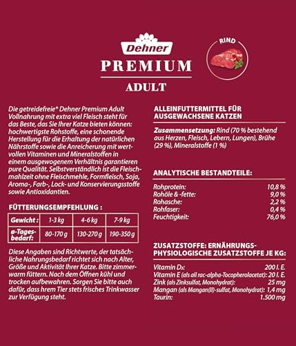 Dehner Premium Katzenfutter, Nassfutter getreidefrei, für ausgewachsene Katzen, Rind, 6 x 400 g Dose (2.4 kg)