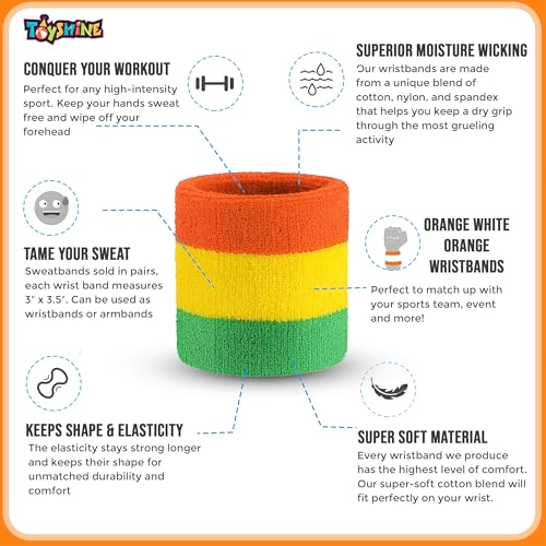 Image of Toyshine Cotton 3 Pieces Sweatbands Set, Includes Sports Headband And Wrist Sweatbands Striped Sweat Band For Athletic Men And Women - Orange Yellow Green