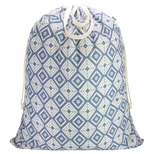 Canvas Laundry Bag with Handles & Drawstring, XL 33"Wx 35"H,Geometry Blue