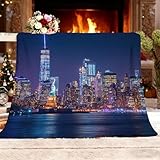 Kuscheldecke Flauschig Weiche Flanell Fleecedecke XXL 180x220 cm - Landschaft New York City Nachtansicht Wohndecke Warm Sommerdecke Sofadecke, Blau Tagesdecke für Erwachsene Kinder Schlafzimmer