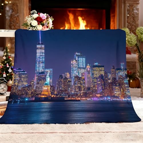 Kuscheldecke Flauschig Weiche Flanell Fleecedecke XXL 180x220 cm - Landschaft New York City Nachtansicht Wohndecke Warm Sommerdecke Sofadecke, Blau Tagesdecke für Erwachsene Kinder Schlafzimmer