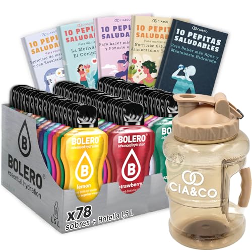 78 x Bebida Bolero MIX Sabores VARIADOS (78x9 grs) + BOTELLA 1500ml Marron + 50 Pepitas Saludables Cia&Co - Hidratación Saludable y Natural sin Azúcar, Sin Gluten, Sin Conservantes
