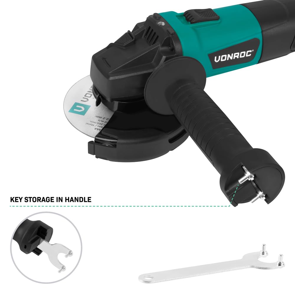 VONROC Smerigliatrice Angolare 900W – Ø125mm | 11.000 giri/min | Avvio Soft Start | Impugnatura Laterale 3 Posizioni | Cavo 3m | Protezione Inclusa | Per Metallo, Pietra, Piastrelle