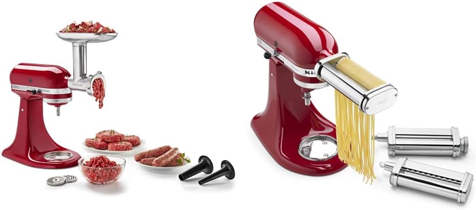 KitchenAid 3-Piece Pasta Roller & Cutter Set Attachment, Silver and KSMMGA Metal Food Grinder Attachment, Silver
