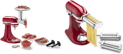 3-Piece Pasta Roller & Cutter Set Attachment, Silver and KSMMGA Metal Food Grinder Attachment, Silver