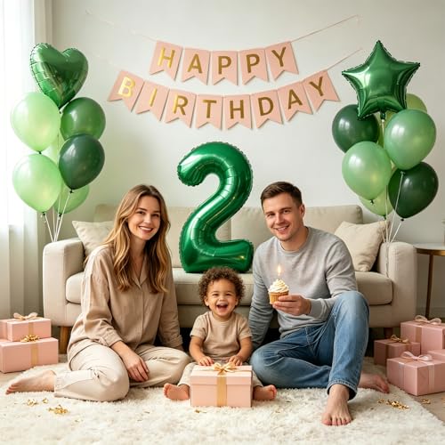 Image of TONIFUL 2nd Birthday Balloons 40 Inch Green Large Number 2 Foil Balloon 18 Inch Helium Mylar Heart Star Shaped Ballons for Boys Men Birthday Anniversary Graduation New Year Eve Party Decoration