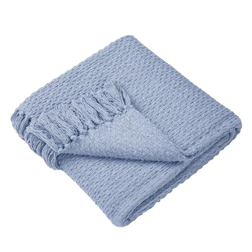 Drift Home - Blue Throw with Tassel - Sustainable Recycled Cotton - Woven Textured Sofa Throw Blanket - Extra Large (200 x 200cm)