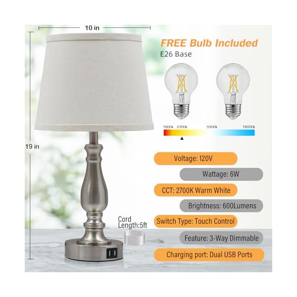 Lamps for Bedrooms Set of 2, Brushed Nickel Bedside Lamps with USB C+A Ports, 3 Way Dimmable Nightstand Lamps with Fabric Lampshade, Touch Table Lamp for Living Room Bedroom Office, Bulbs Included - Image 4