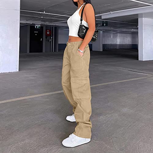 Image of Lepunuo Cargo Pants for Women High Waisted Casual Pants Baggy Stretchy Wide Leg Y2K Streetwear with 6 Pockets